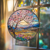Cherry Blossom Stained Glass Suncatcher, Round Spring Landscape Window Panel with Mountains and Flowers, Nature Home Decor Gift